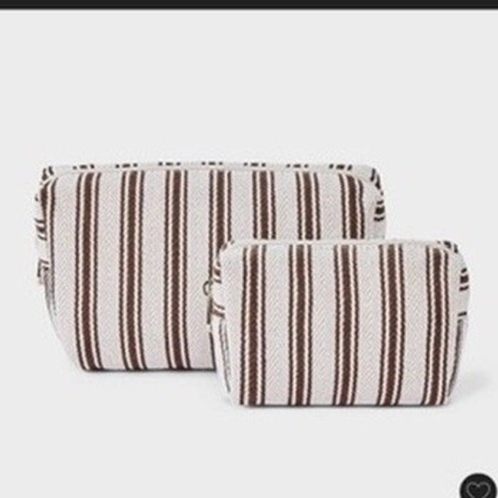 Universal Thread Cosmetic Pouch Set Women OS Brown Striped Linen 2pc NWT